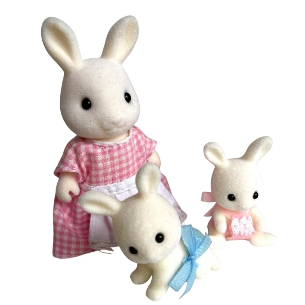 Calico Critters Vintage Snow Warren Rabbit mom n babies with carriage, Connor